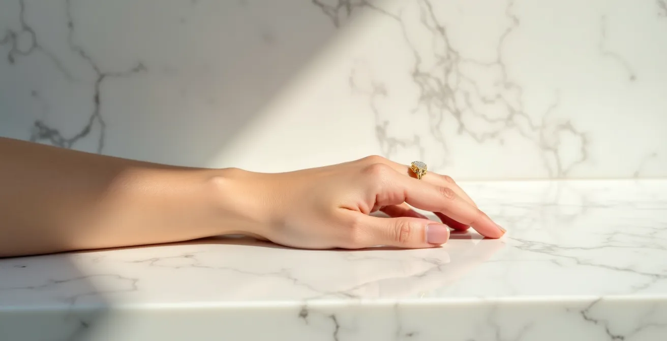 Main élégante portant un unique anneau en or fin sur fond épuré