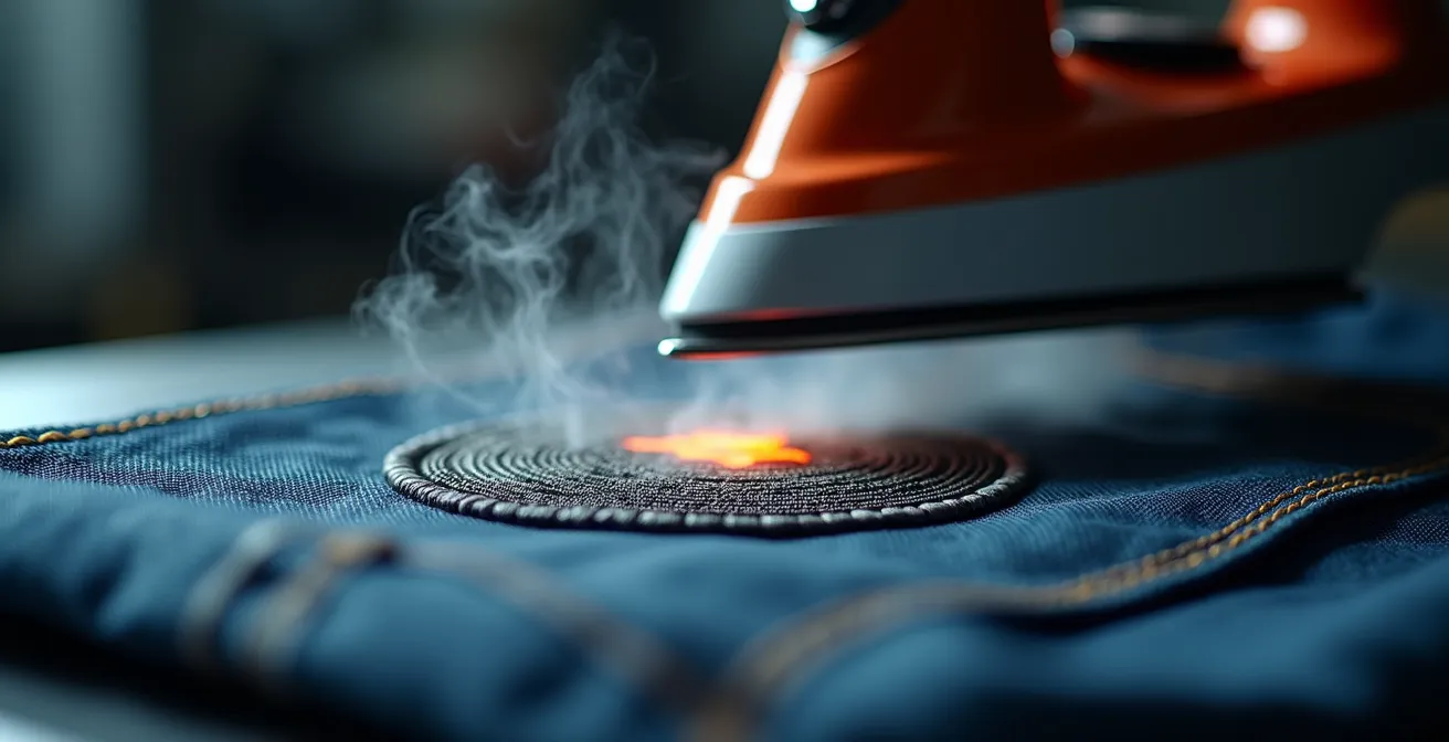Gros plan sur l'application d'un patch thermocollant sur une veste en jean avec un fer à repasser