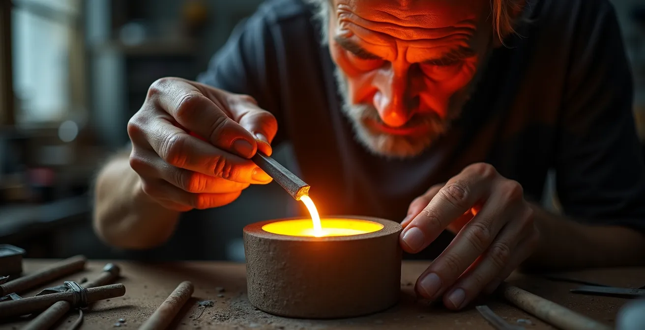 Artisan joaillier versant de l'or fondu dans un moule lors du processus de création