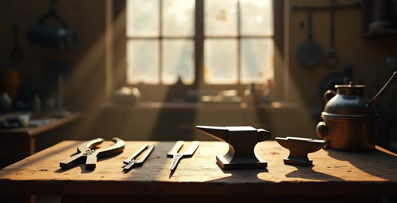 Atelier de bijoutier avec outils anciens disposés sur établi en bois, baigné dans une lumière dorée naturelle