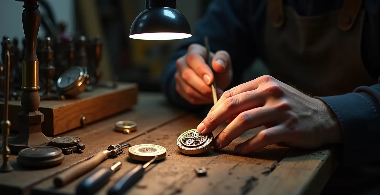 Établi d'horloger avec outils de précision et montre automatique démontée