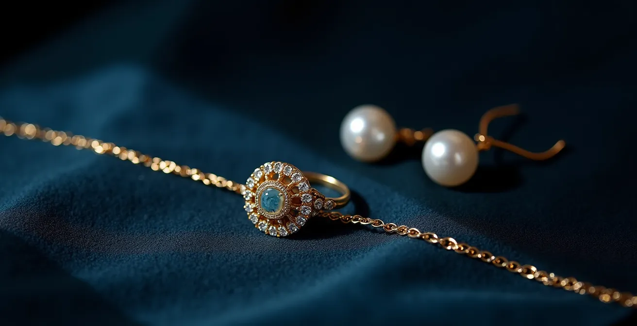 Arrangement harmonieux de bijoux de famille vintage et modernes sur une surface en velours