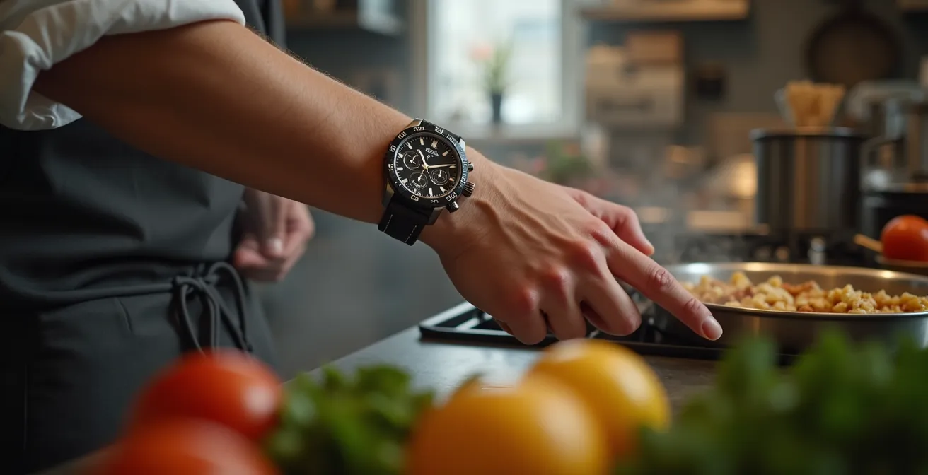Main de cuisinier actionnant un chronographe flyback pendant la cuisson, environnement de cuisine professionnelle en arrière-plan flou