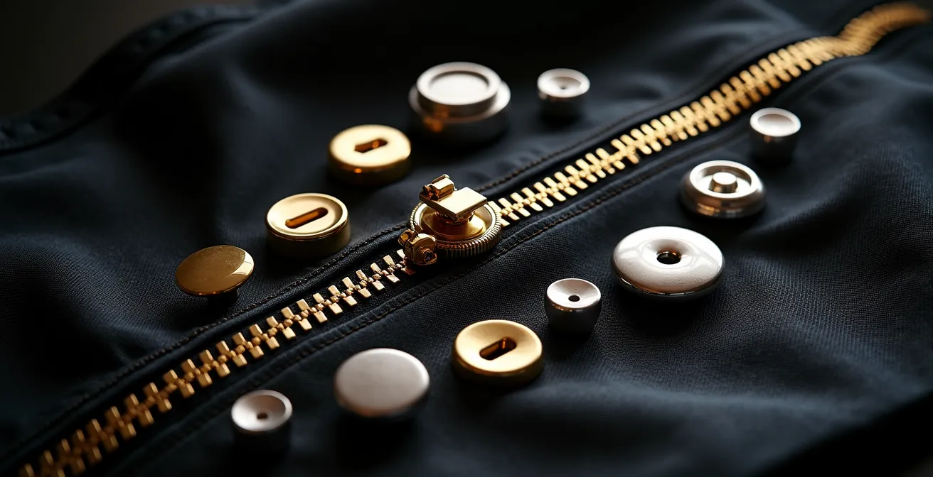 Composition montrant des boutons dorés et argentés disposés artistiquement sur du tissu noir