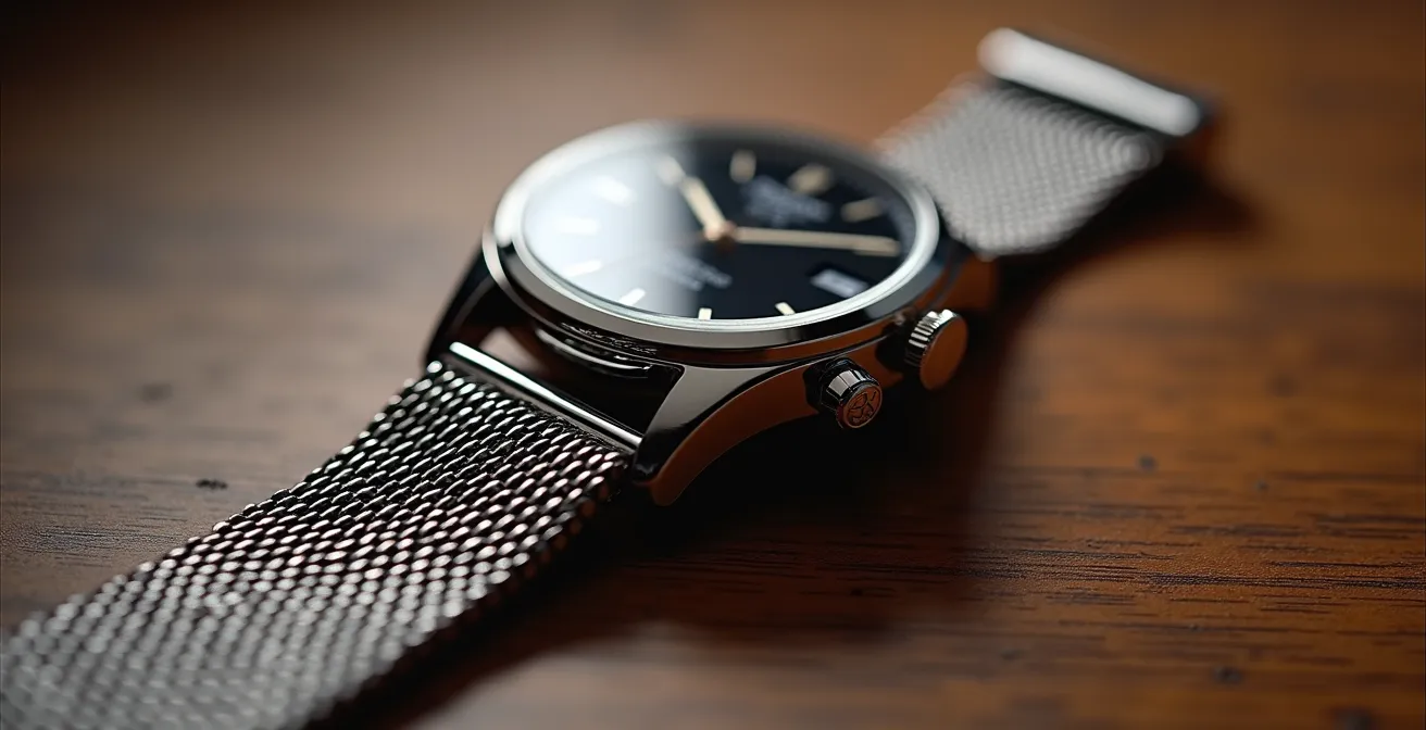 Comparaison visuelle entre bracelet milanais fin et boucle déployante épaisse sur bureau