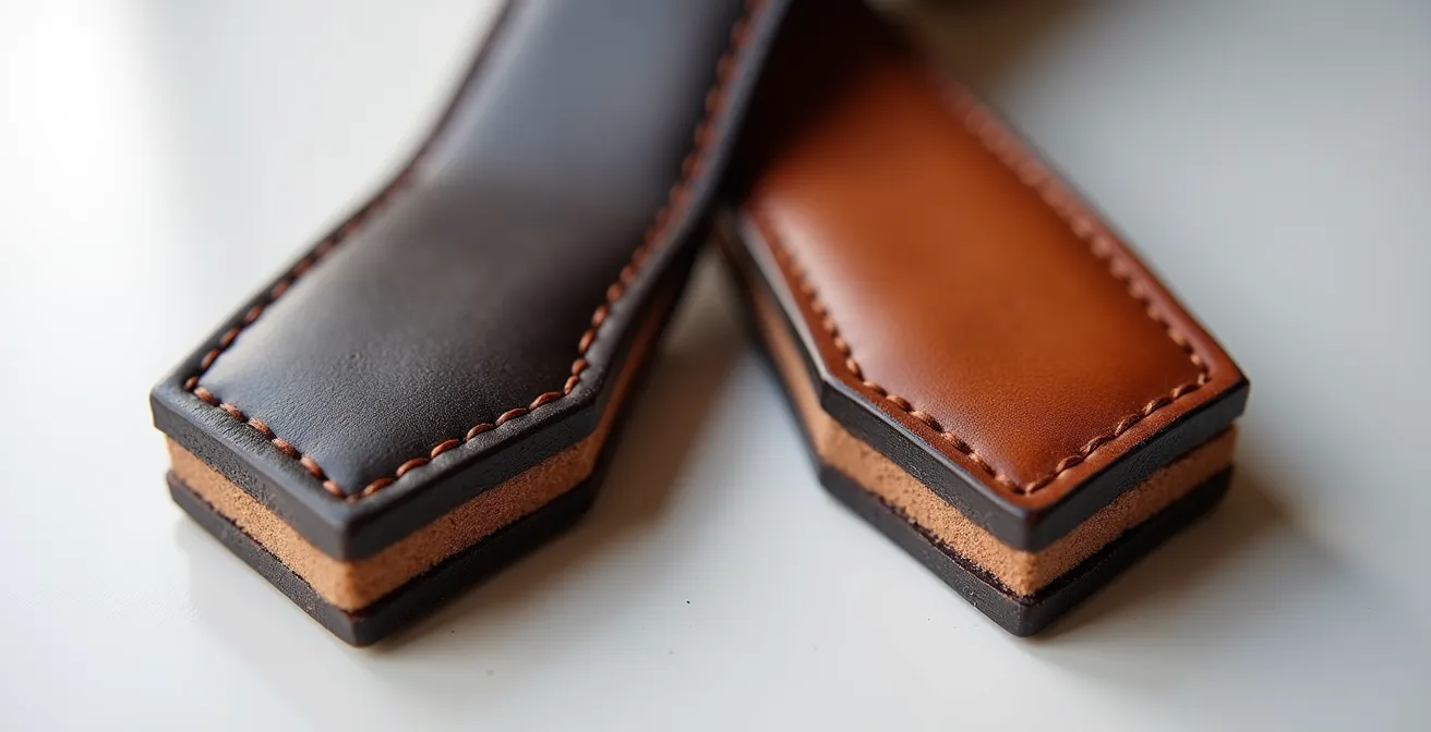 Gros plan sur les tranches de deux ceintures montrant la différence de finition entre modèle réversible et classique