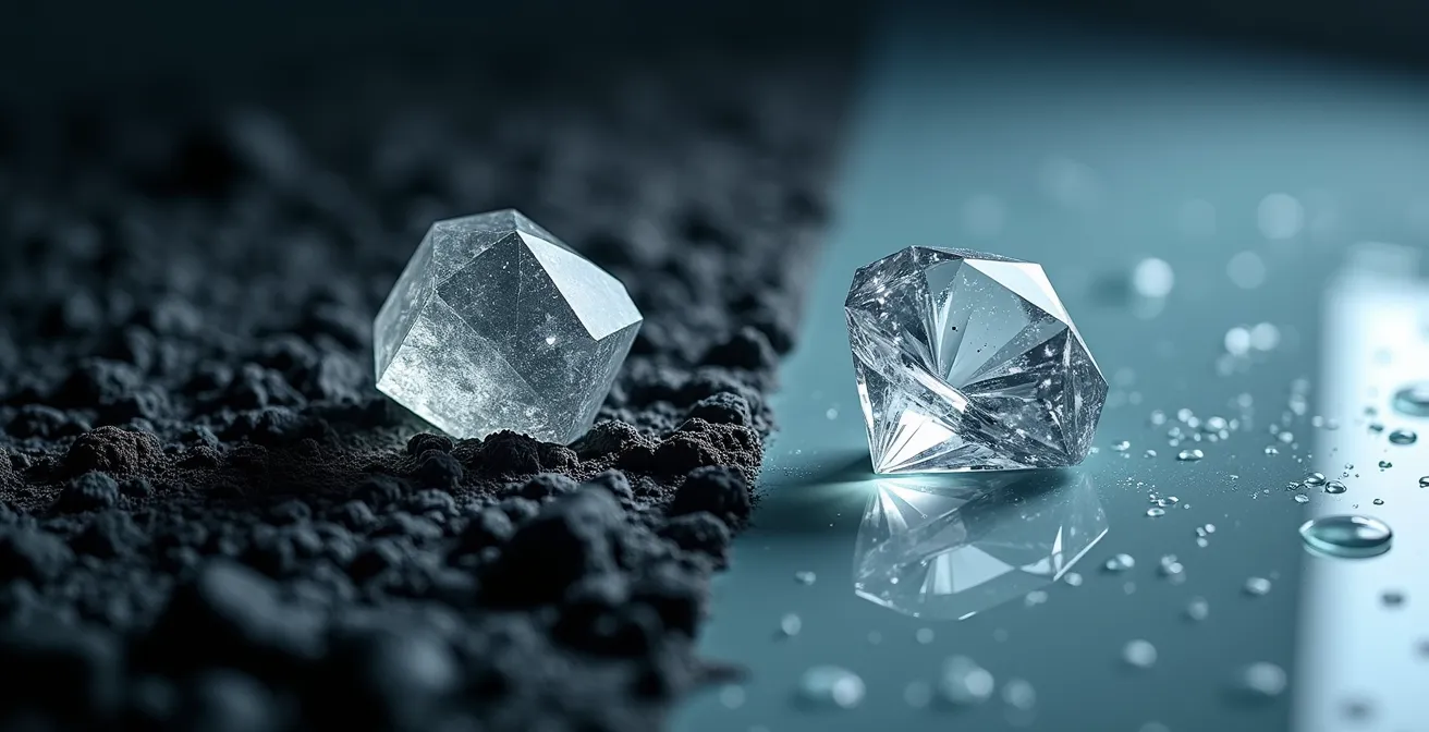 Juxtaposition artistique d'un diamant brut naturel et d'un diamant synthétique avec représentation visuelle de leurs impacts environnementaux