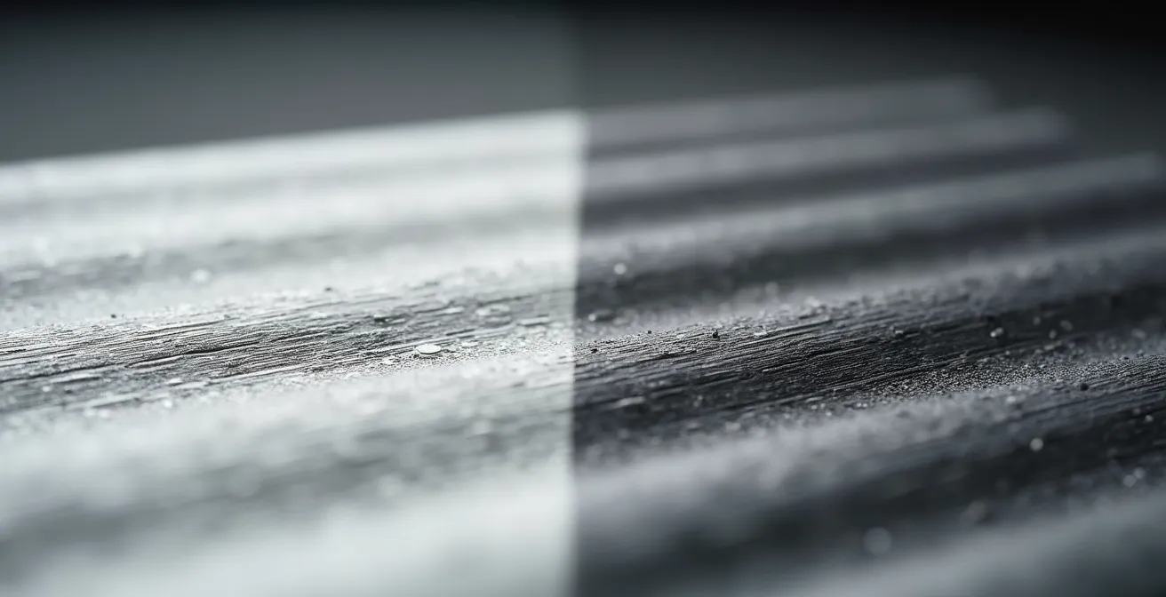 Comparaison microscopique entre une gravure laser uniforme et une gravure main avec ses irrégularités caractéristiques