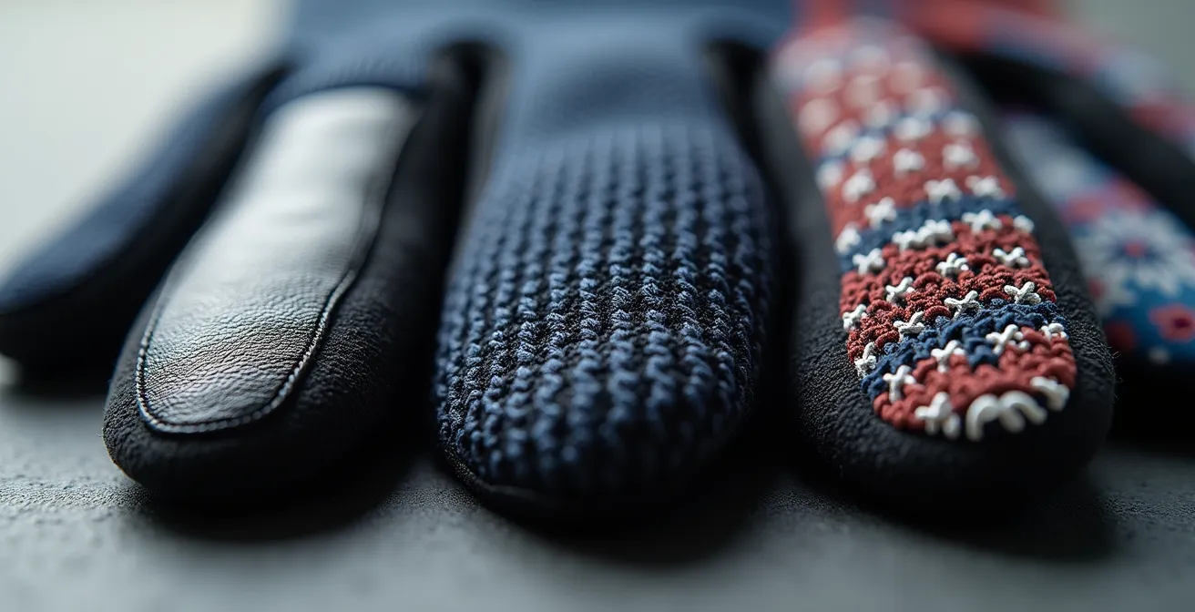 Vue macro comparative de différentes technologies tactiles sur gants : cuir traité, patch conducteur et fils métalliques