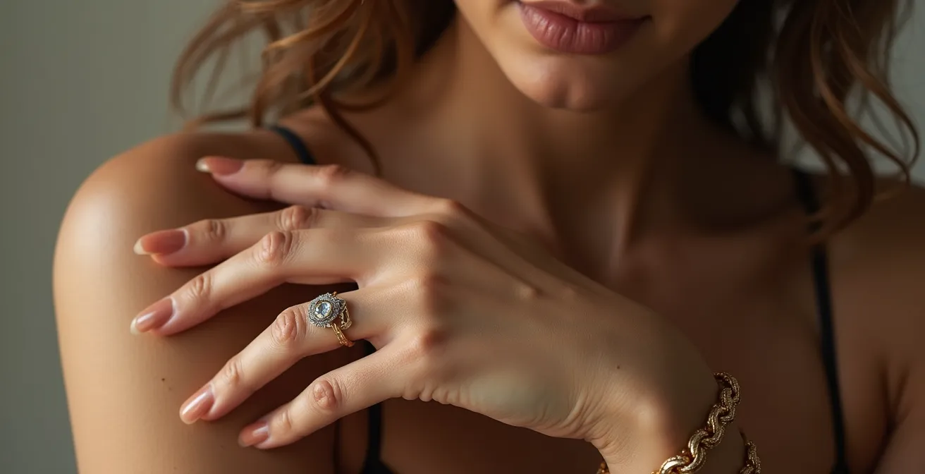 Mains avec peau mate portant des bijoux en or jaune et or blanc sous différents éclairages