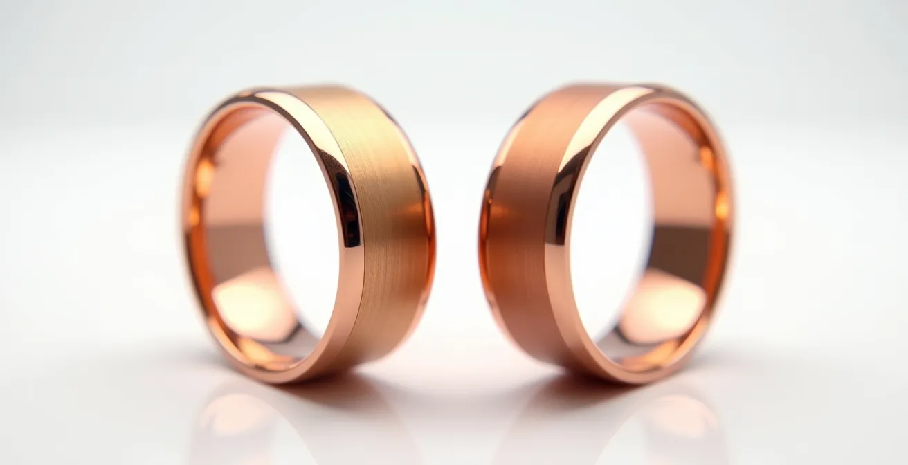 Deux alliances côte à côte montrant les nuances subtiles entre or rose et or rouge