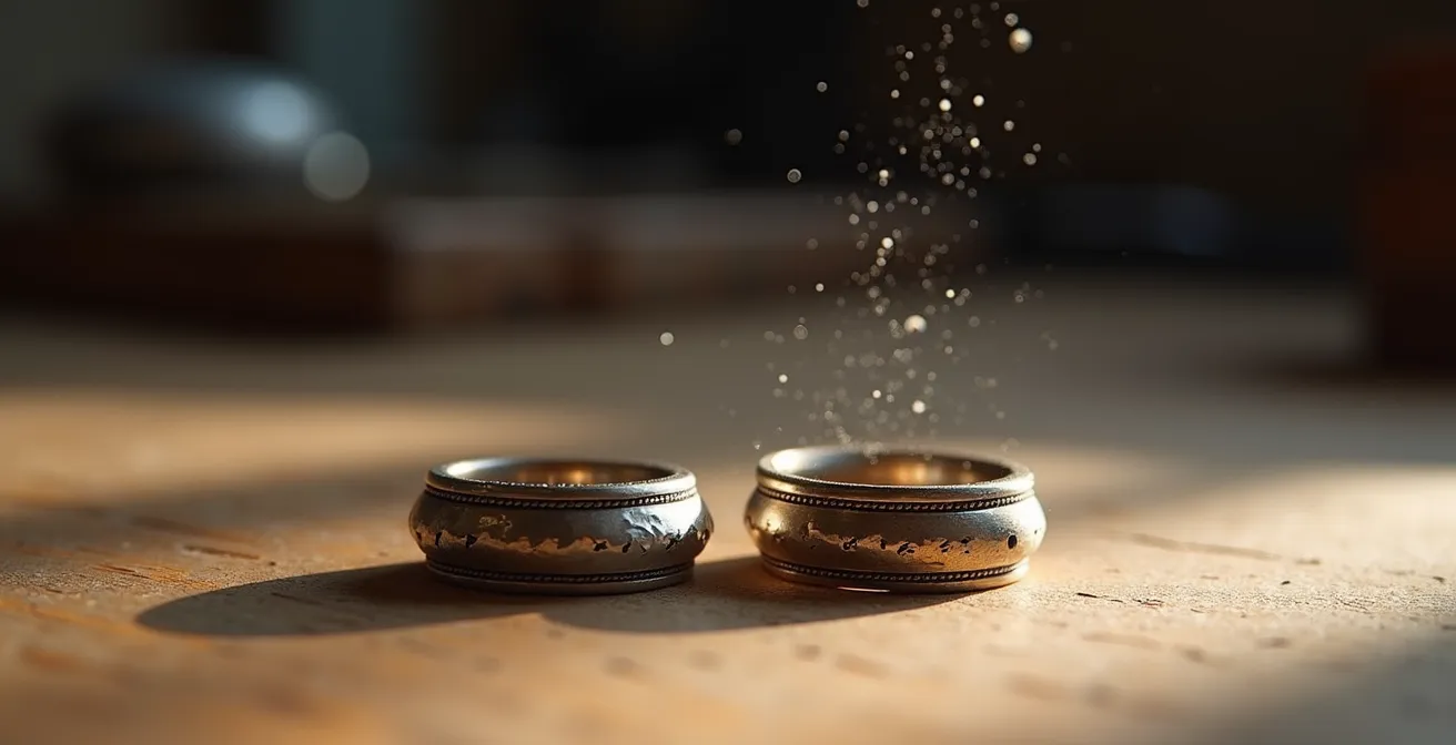 Gros plan sur deux surfaces métalliques côte à côte montrant la différence entre martelage manuel et algorithmique