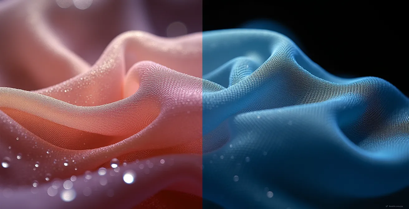 Vue macro comparative des fibres de soie naturelle et de polyester synthétique