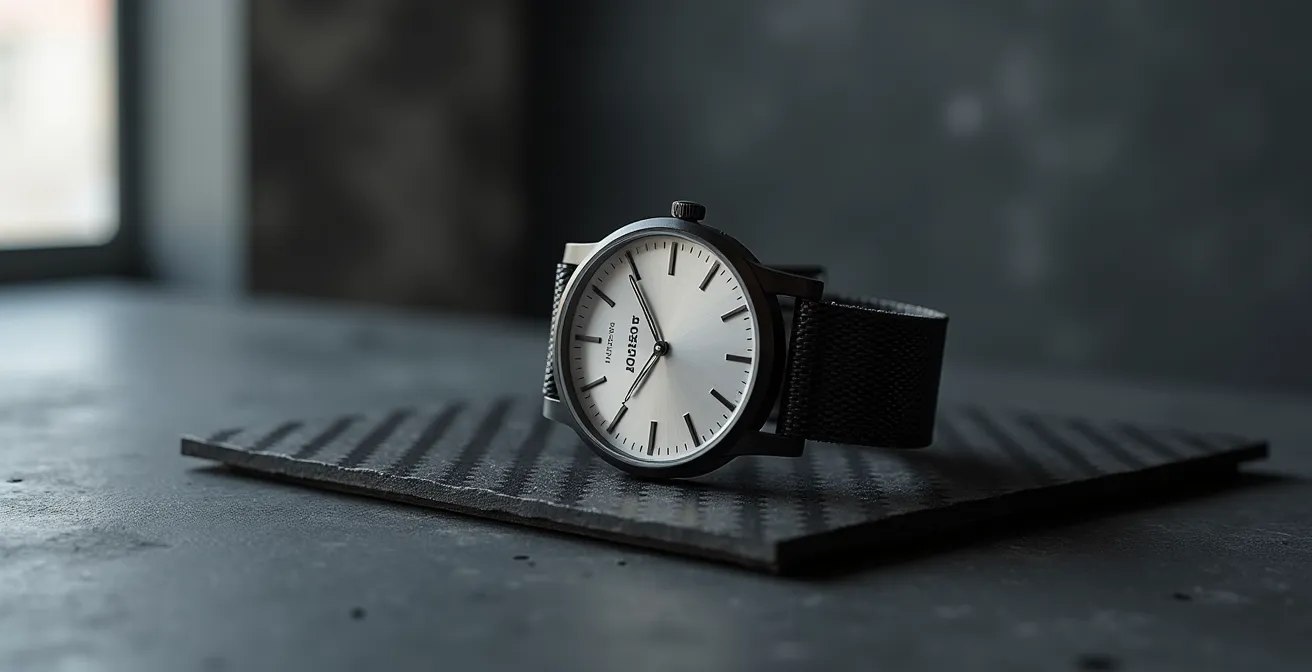 Montre en titane brossé posée sur surface en carbone forgé montrant le contraste des textures