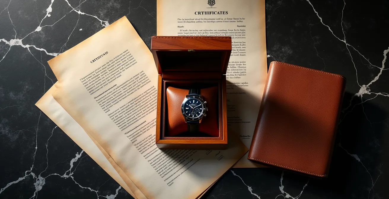 Arrangement élégant d'un coffret de montre de luxe avec ses accessoires disposés harmonieusement