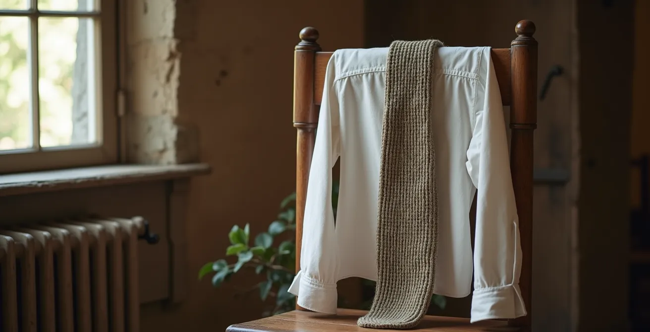 Composition minimaliste d'une cravate en tricot de soie sur costume décontracté