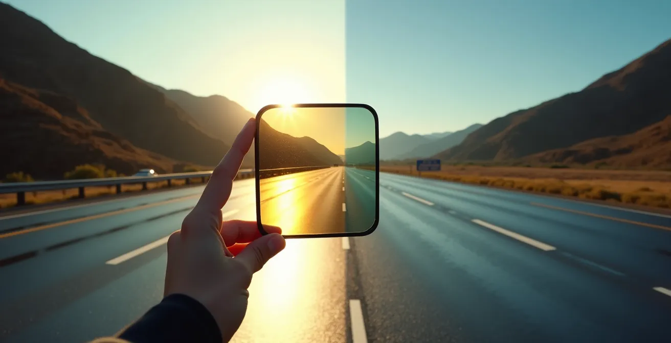 Vue comparative avec et sans polarisation montrant l'élimination des reflets sur route mouillée