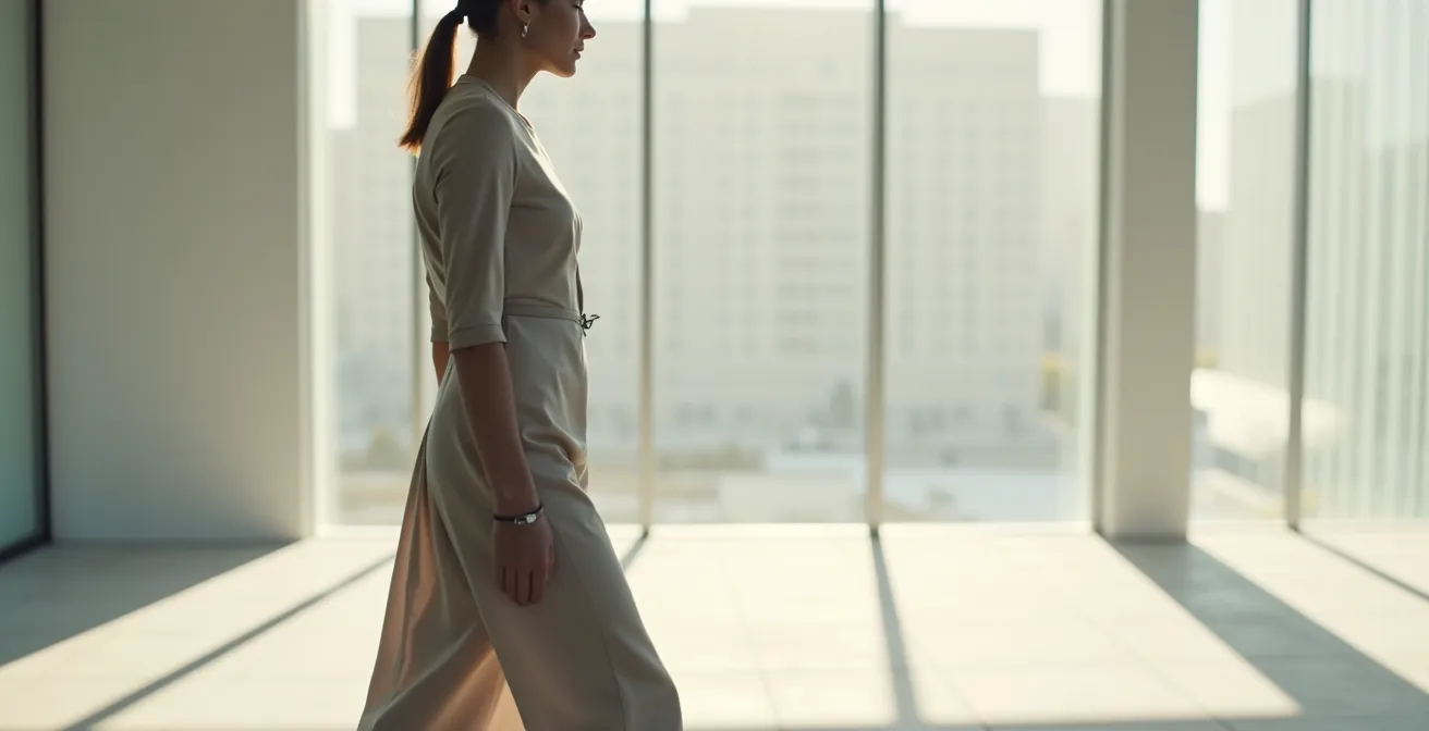 Silhouette élégante portant un vêtement connecté dans un environnement urbain minimaliste