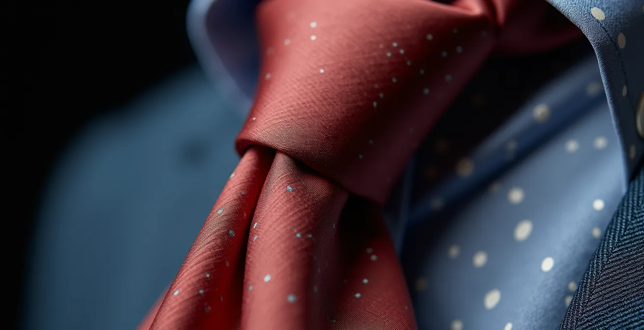 Gros plan sur le creux parfait d'une cravate en soie avec texture visible