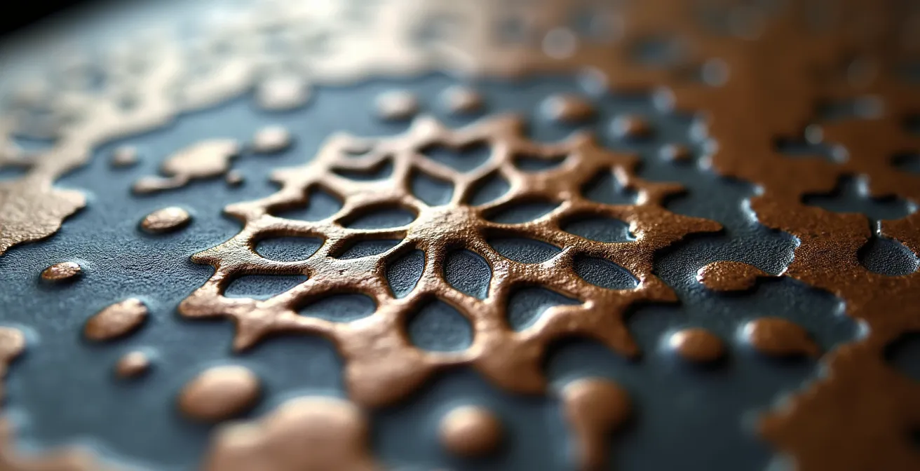 Vue macro d'une surface de bijou en métal montrant les traces de martelage et les micro-imperfections qui créent une texture unique