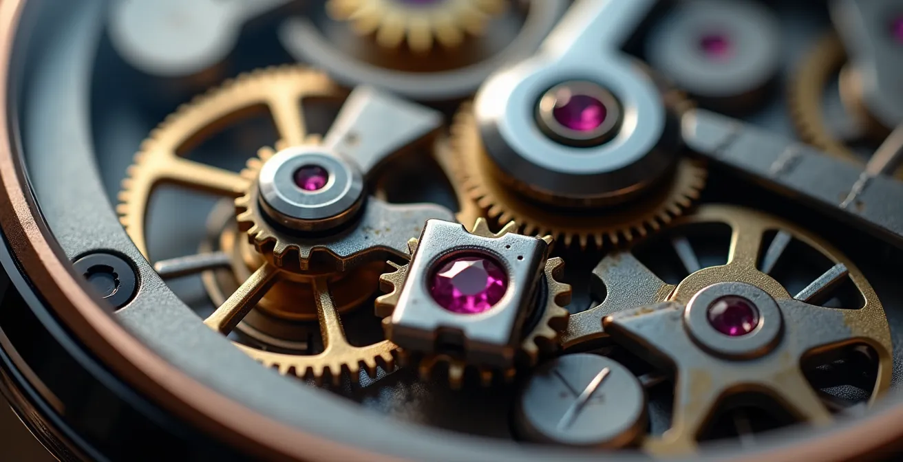 Vue macro d'un mouvement de montre montrant les détails des composants et finitions
