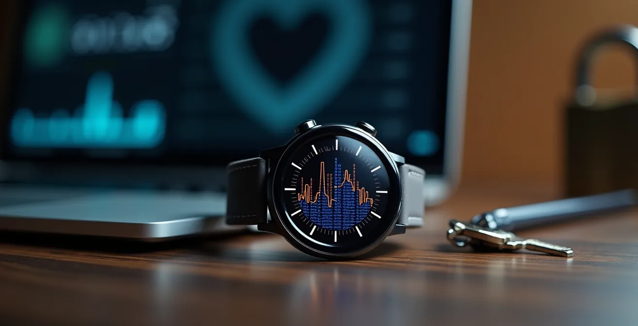 Gros plan sur une smartwatch affichant des graphiques de santé abstraits dans un environnement sécurisé