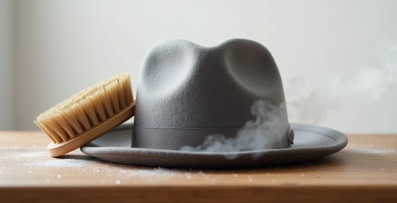 Chapeau feutre suspendu au-dessus de vapeur avec brosse à poils doux à côté