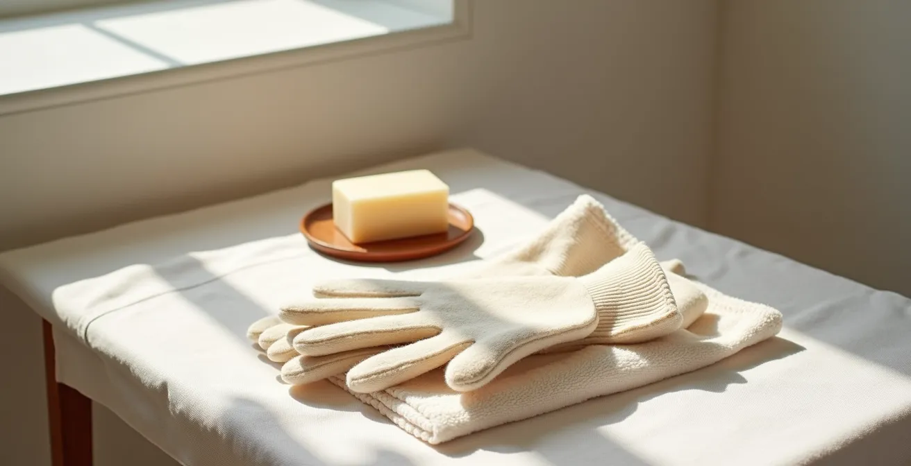 Scène d'entretien de gants tactiles avec savon de Marseille et séchage à plat sur une serviette