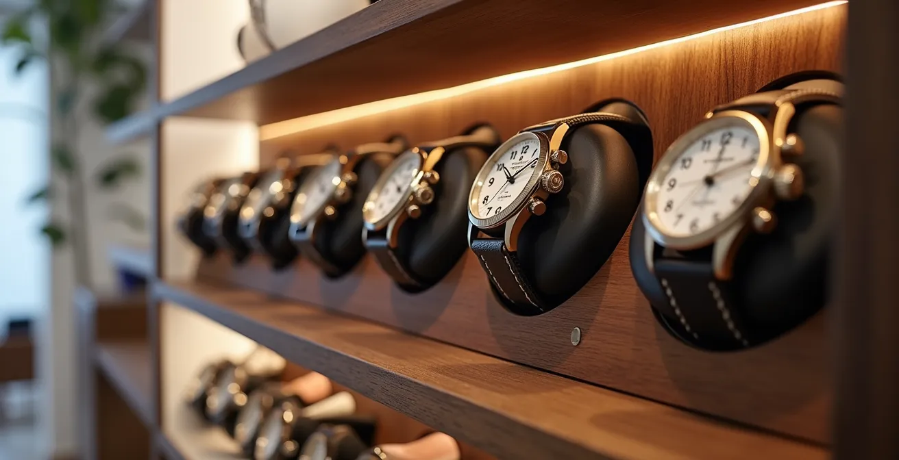 Vue d'ensemble d'un système de rangement pour montres avec remontoirs automatiques et environnement contrôlé