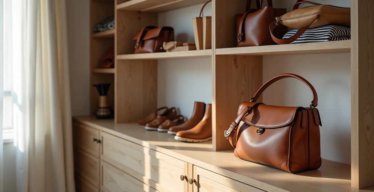 Vue d'ensemble minimaliste d'une garde-robe sophistiquée avec des accessoires de qualité