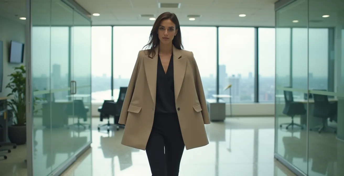 Femme professionnelle portant un blazer oversize structuré avec un pantalon ajusté dans un environnement de bureau moderne
