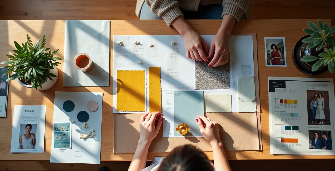 Femme créant son moodboard personnel avec tissus, couleurs et inspirations sur une grande table