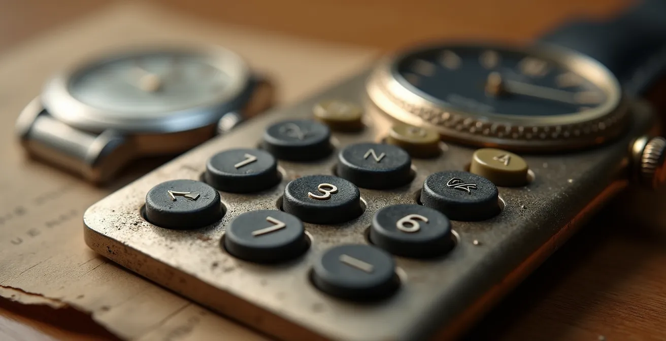 Calculatrice vintage élégante avec montre de luxe et documents fiscaux abstraits