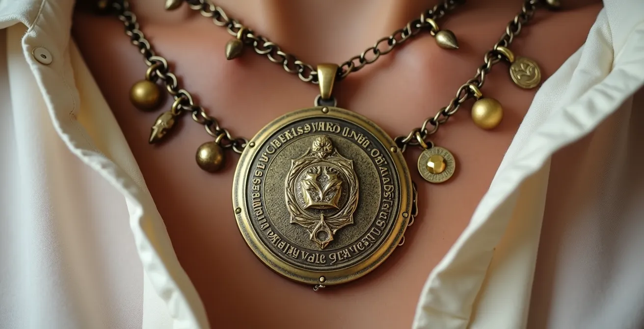 Gros plan sur composition de colliers avec médaillon principal décentré et petits charms latéraux