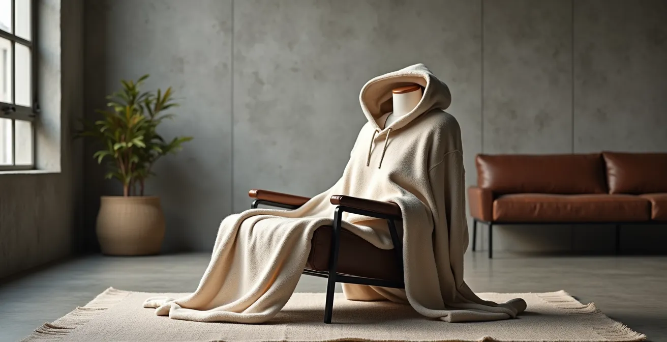 Hoodie de luxe en cachemire posé sur un fauteuil design dans un loft urbain minimaliste