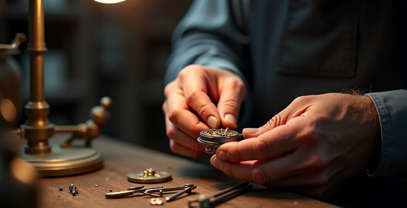 Mains d'horloger travaillant sur l'ajustement d'un mécanisme d'échappement avec des outils de précision