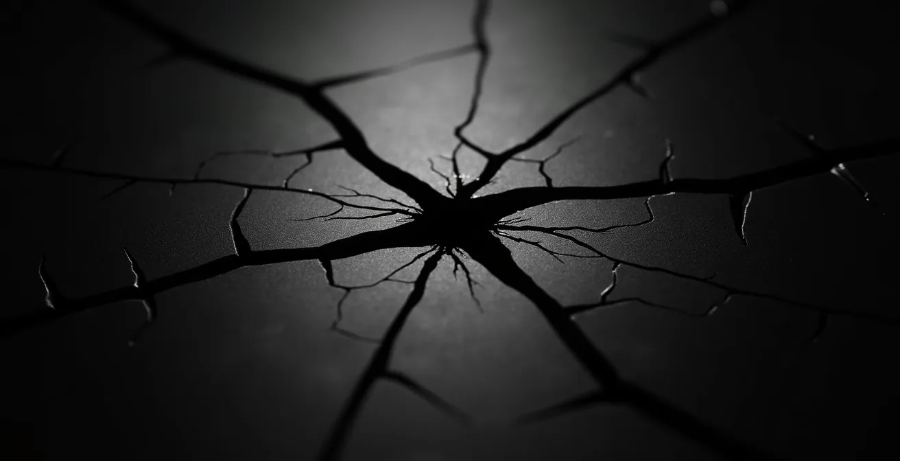 Vue macro d'une surface céramique noire avec motif de fissure en étoile