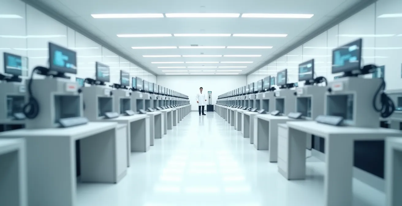 Laboratoire de certification COSC avec instruments de mesure de précision testant des mouvements horlogers