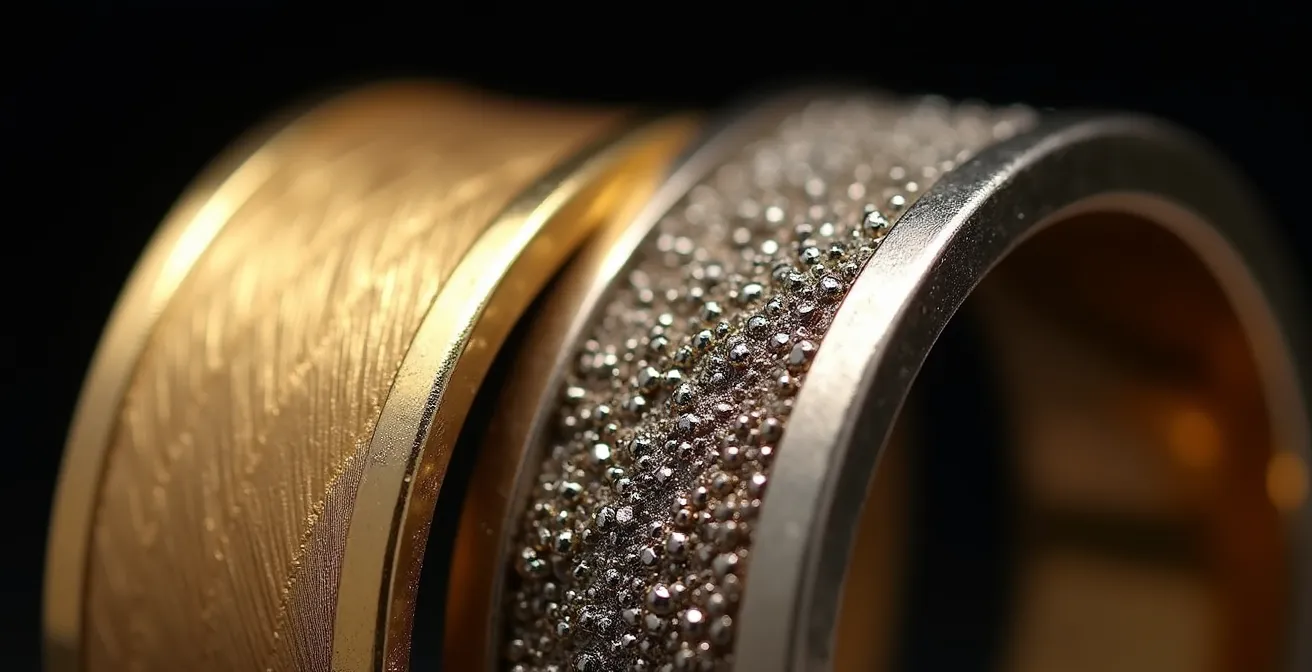 Vue macro de la texture d'une bague forgée montrant les micro-sillons directionnels caractéristiques