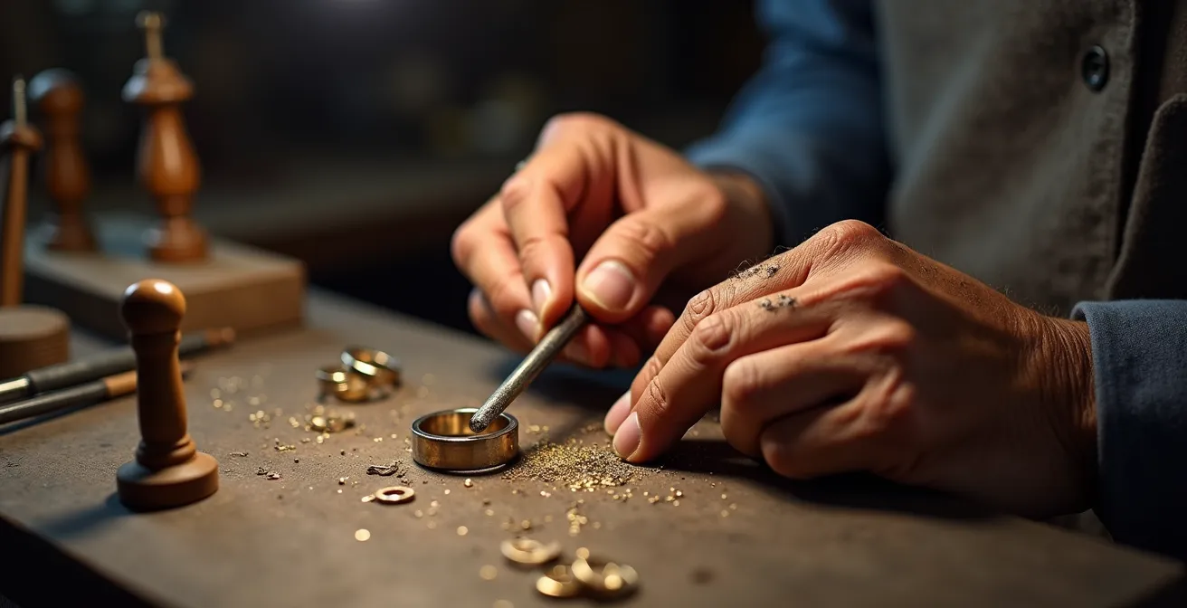 Mains d'artisan en train de limer une bague sur un établi avec copeaux de métal