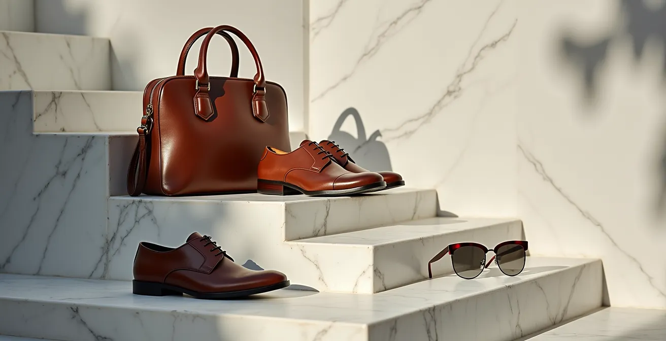 Composition minimaliste montrant sac, chaussures et lunettes avec hiérarchie visuelle d'impact