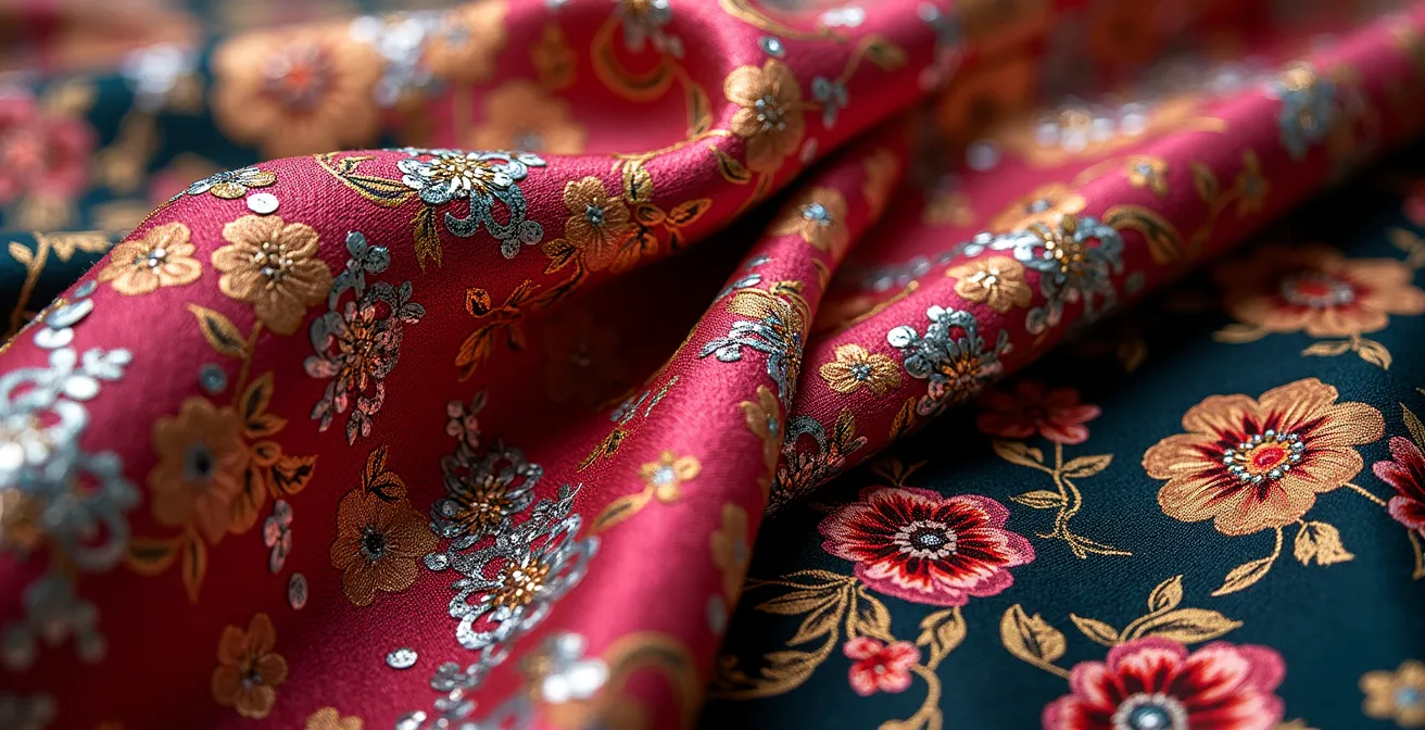 Détail macro de textures de mode superposées avec paillettes, velours et imprimés floraux