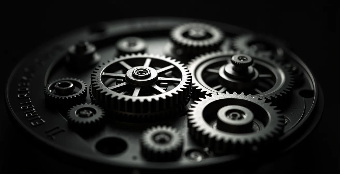 Vue détaillée des engrenages d'un mécanisme de date en plein changement, montrant les pièces en tension