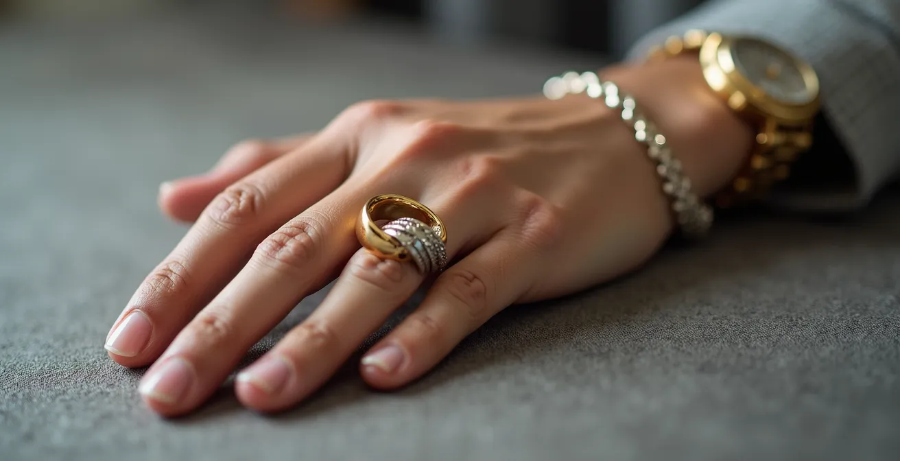 Gros plan sur des bijoux mélangant or et argent portés avec élégance