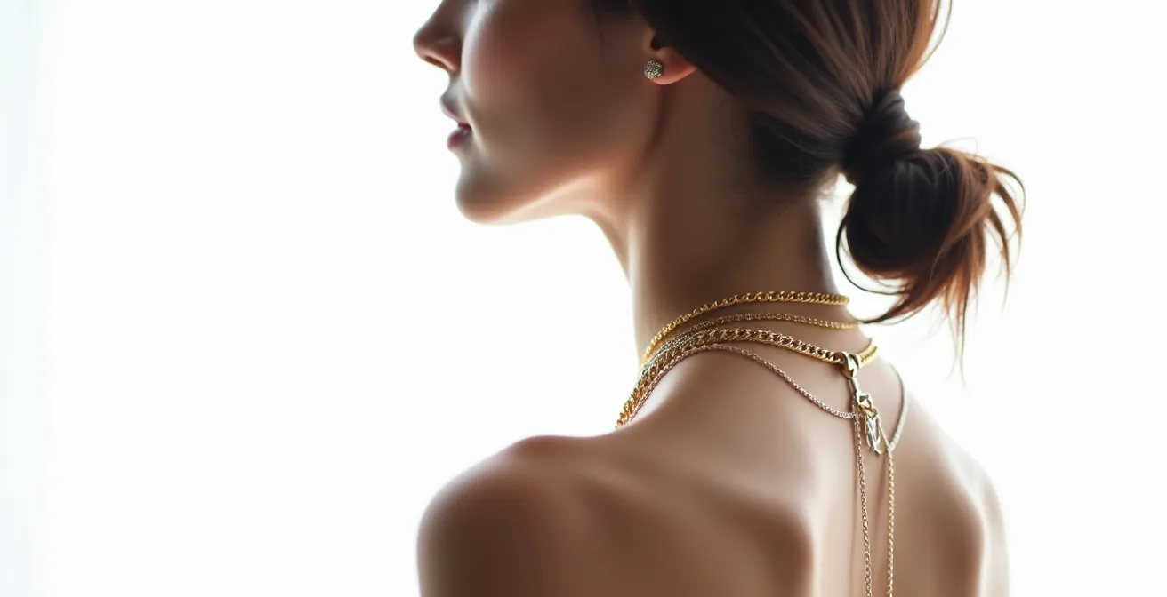 Vue de profil montrant les différentes longueurs de colliers sur le buste avec repères anatomiques
