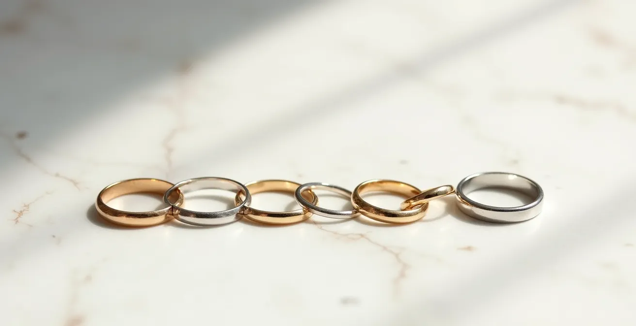 Composition minimaliste de cinq anneaux en différents métaux sur surface neutre