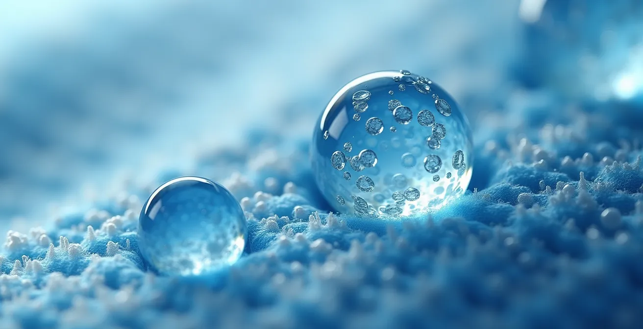 Vue macro de fibres textiles avec microcapsules de PCM visibles