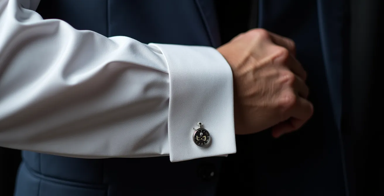 Vue latérale d'un poignet avec chemise blanche à boutons de manchette et montre ultra-plate glissant sous la manche