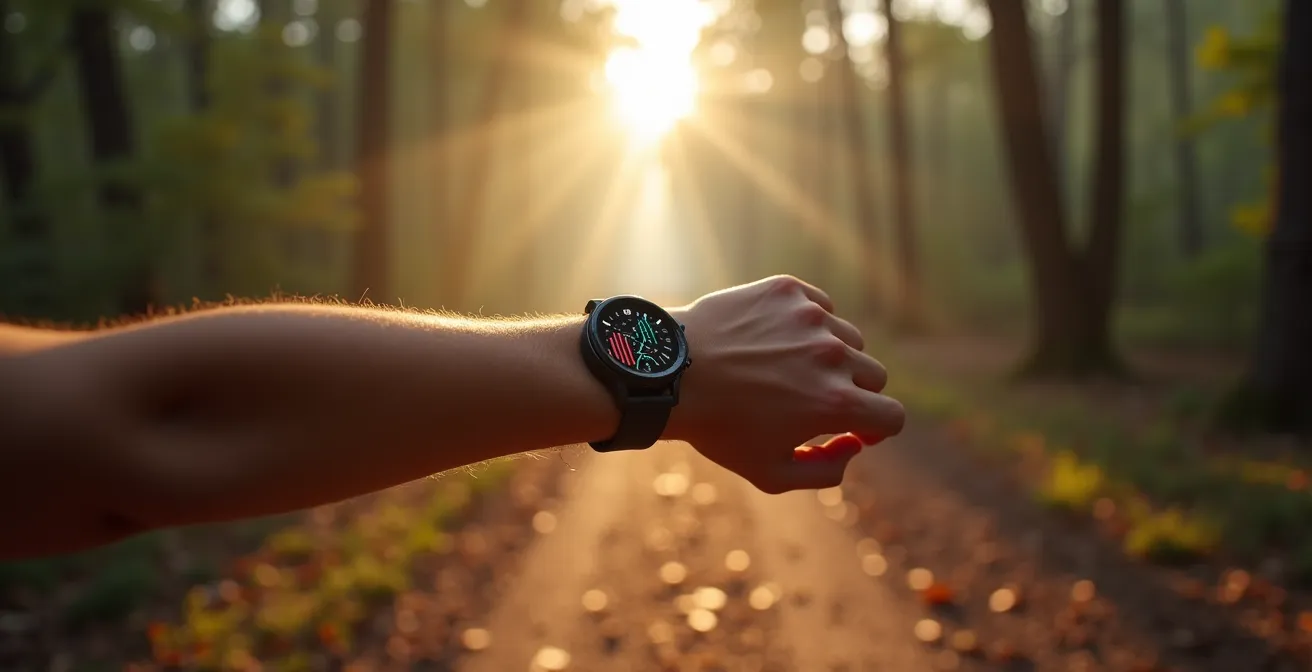 Coureur en forêt consultant sa montre GPS pendant une course matinale