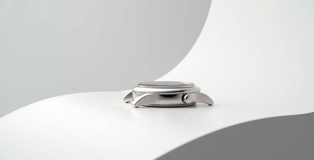 Boîtier de montre de luxe en platine photographié en gros plan montrant les finitions parfaites